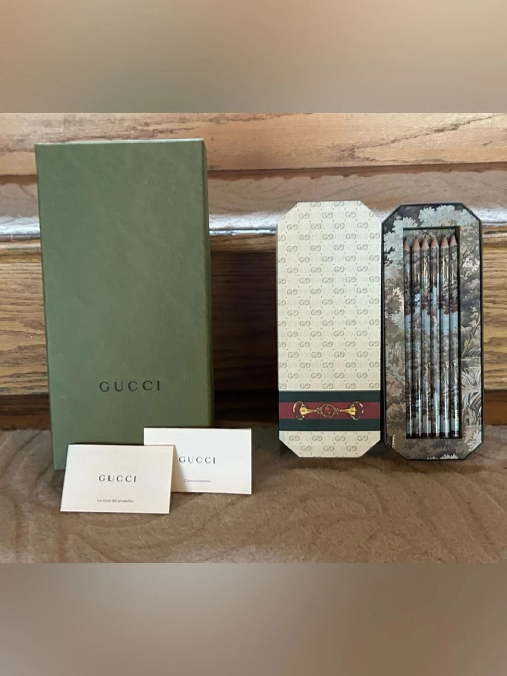 Gucci Green Box with Patterned Pencil Tin and Decorative Pencils